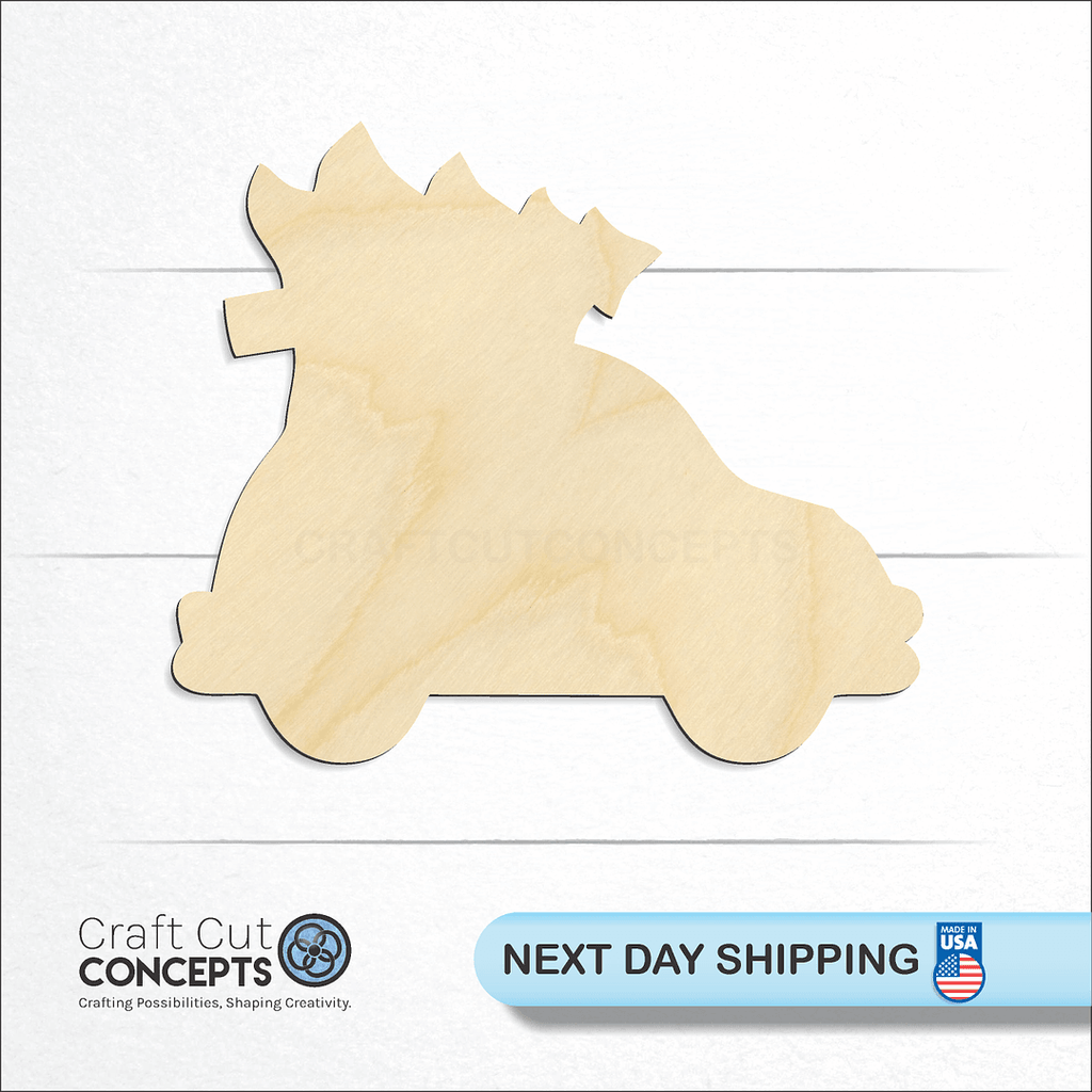 Craft Cut Concepts logo and next day shipping banner with an unfinished wood Christmas Tree Car craft shape and blank