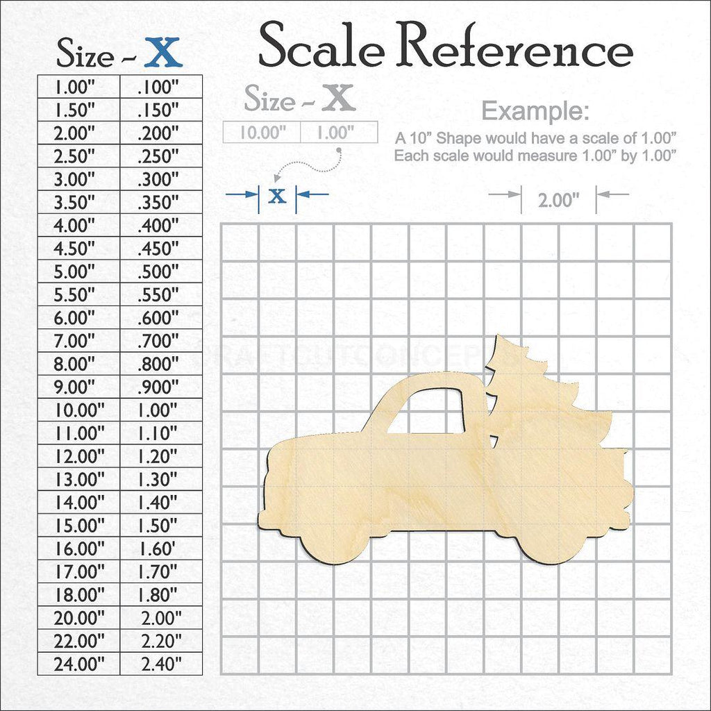 A scale and graph image showing a wood Truck with Tree & Window craft blank