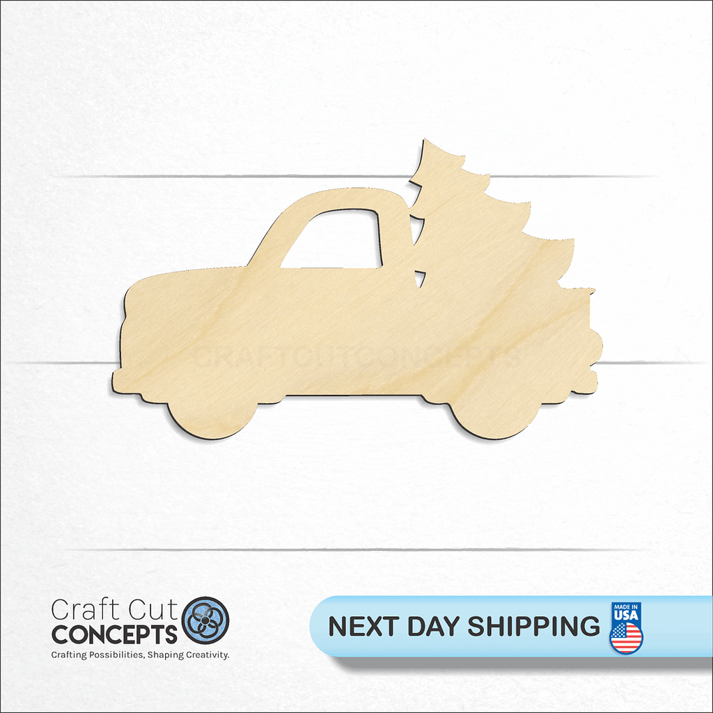 Craft Cut Concepts logo and next day shipping banner with an unfinished wood Truck with Tree & Window craft shape and blank