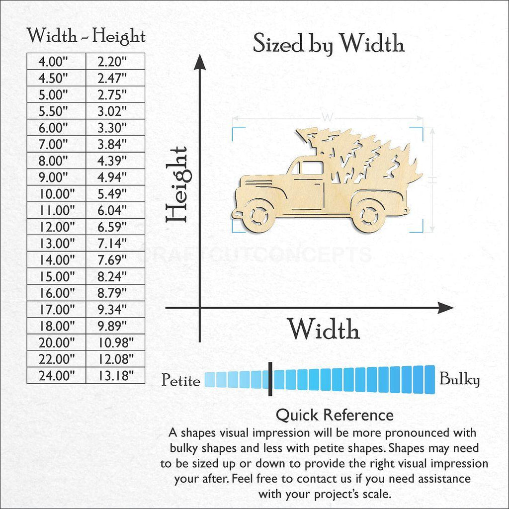 Sizes available for a laser cut Truck with Tree & Window craft blank