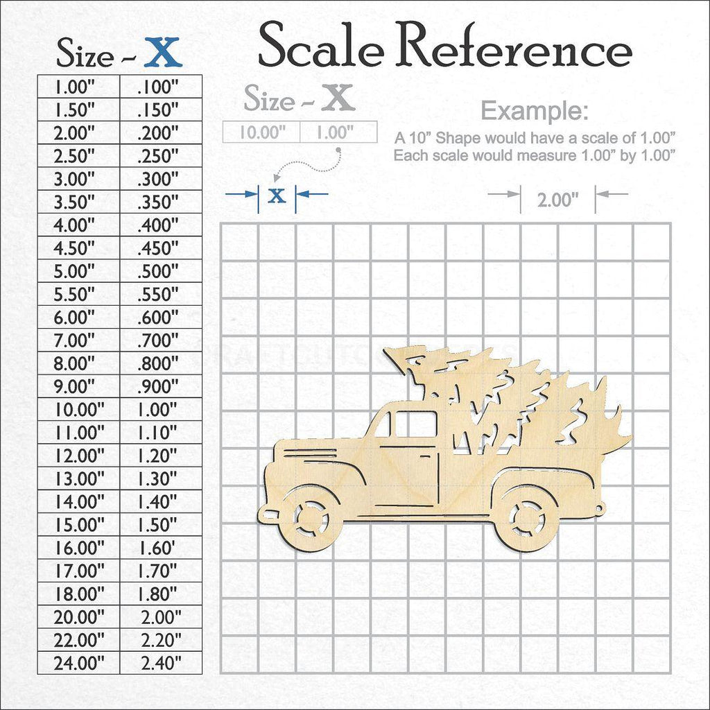 A scale and graph image showing a wood Truck with Tree & Window craft blank