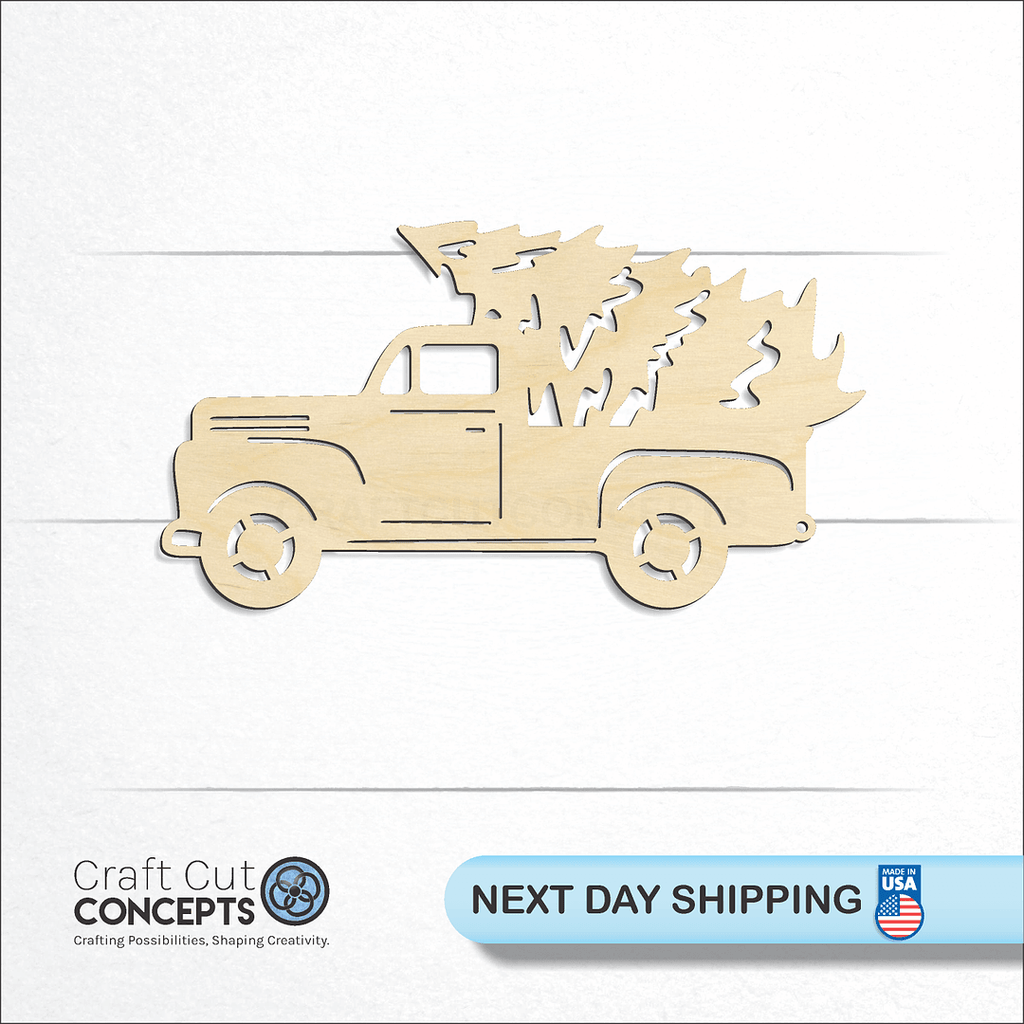 Craft Cut Concepts logo and next day shipping banner with an unfinished wood Truck with Tree & Window craft shape and blank