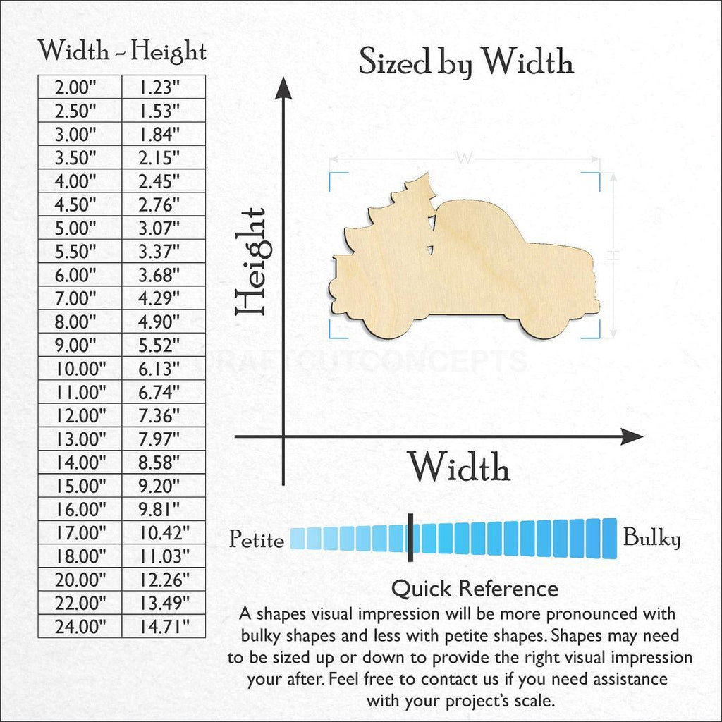 Sizes available for a laser cut Truck with Tree craft blank
