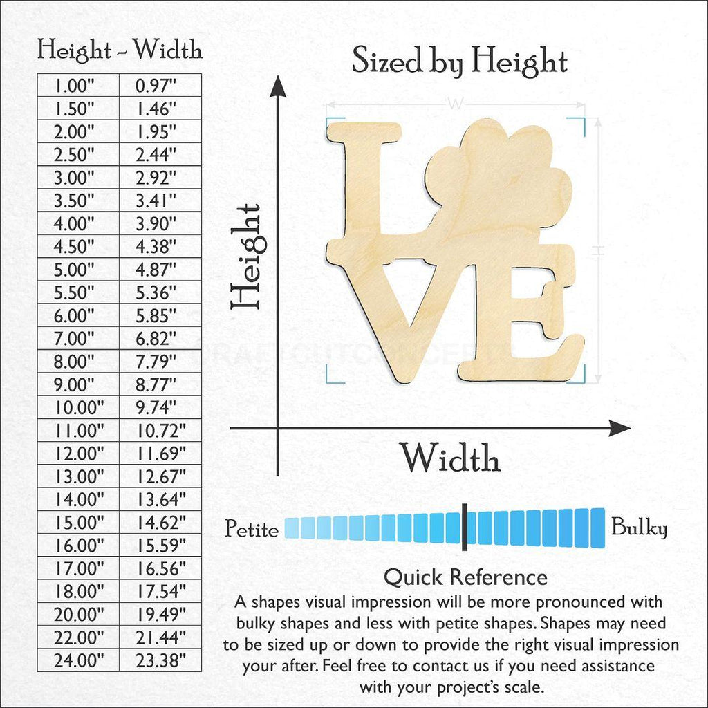 Sizes available for a laser cut Love Paw Print Script craft blank