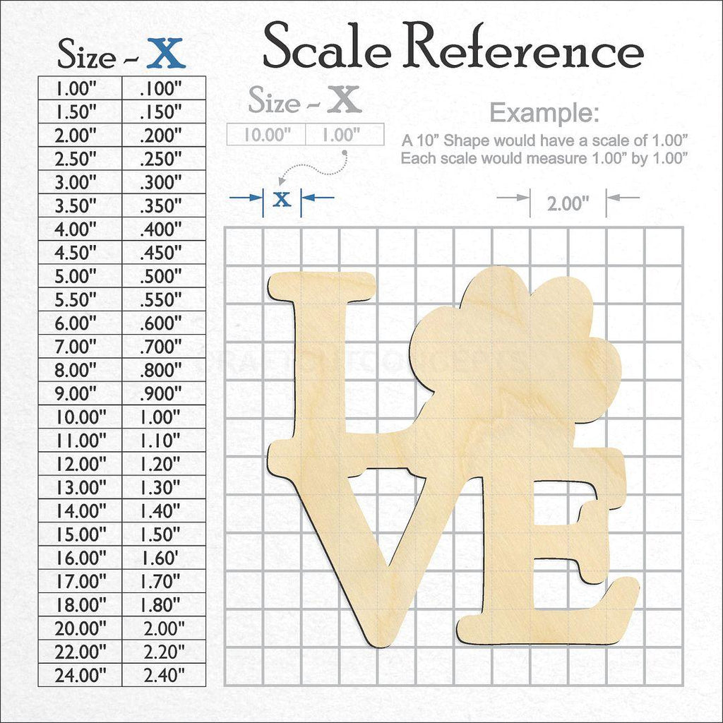 A scale and graph image showing a wood Love Paw Print Script craft blank