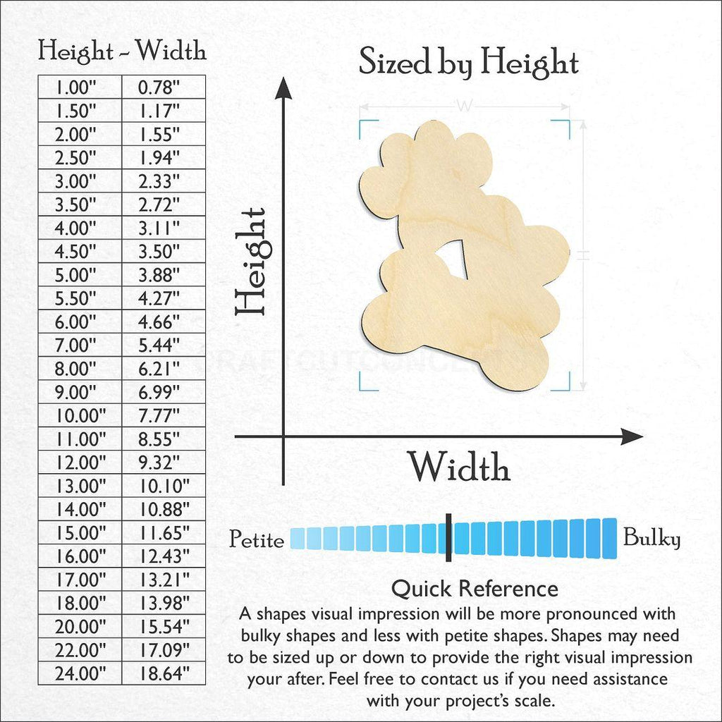 Sizes available for a laser cut Dog Bone Paw Heart craft blank