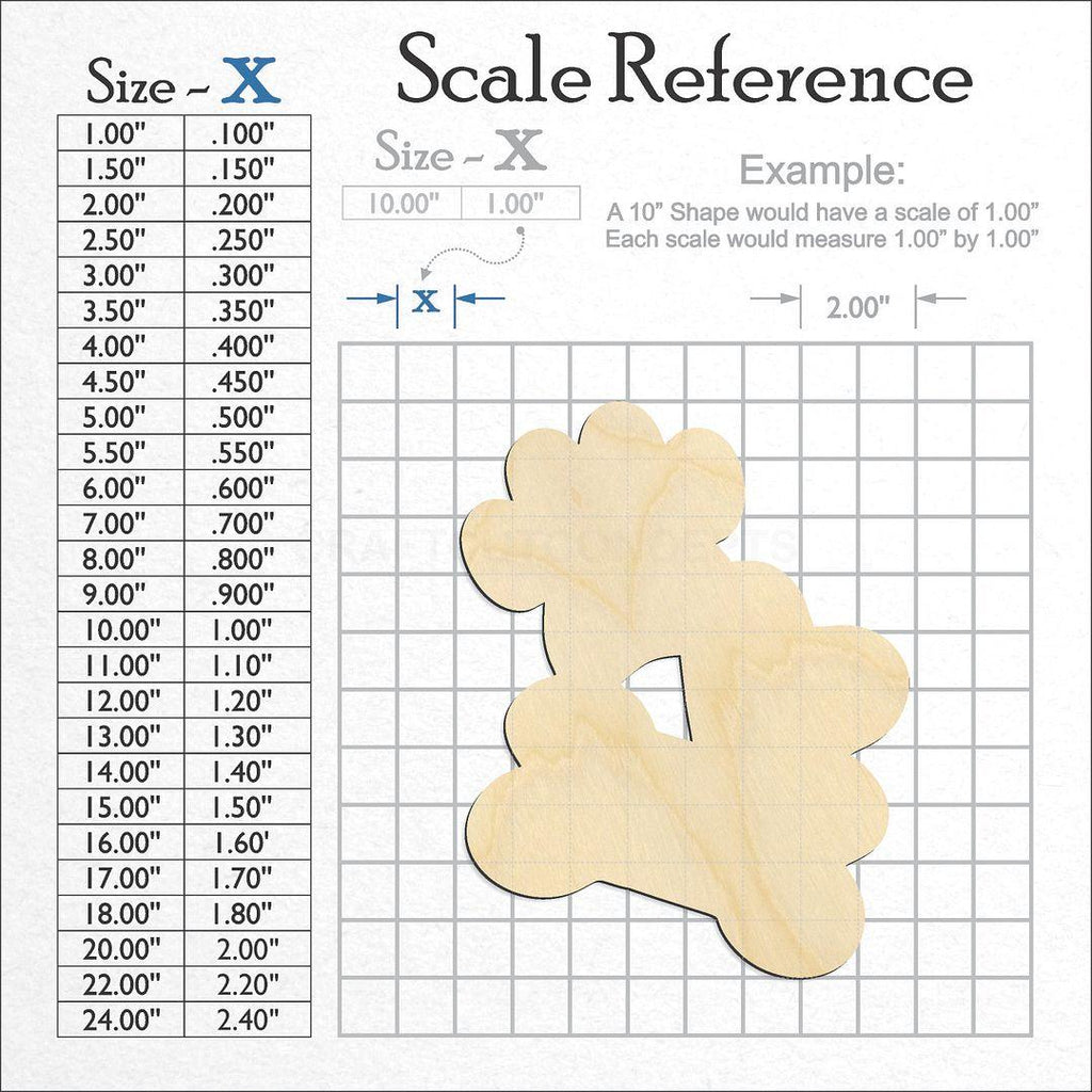 A scale and graph image showing a wood Dog Bone Paw Heart craft blank