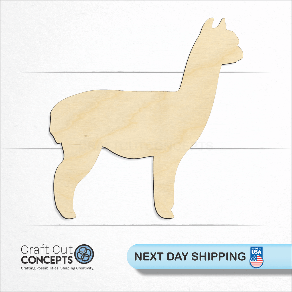 Craft Cut Concepts logo and next day shipping banner with an unfinished wood Alpaca craft shape and blank