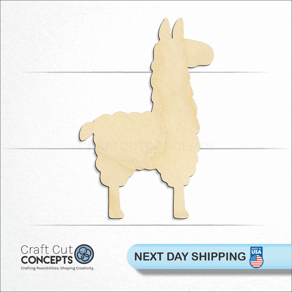 Craft Cut Concepts logo and next day shipping banner with an unfinished wood Alpaca craft shape and blank