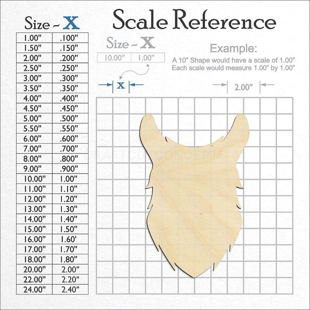 A scale and graph image showing a wood Alpaca Head Llama craft blank