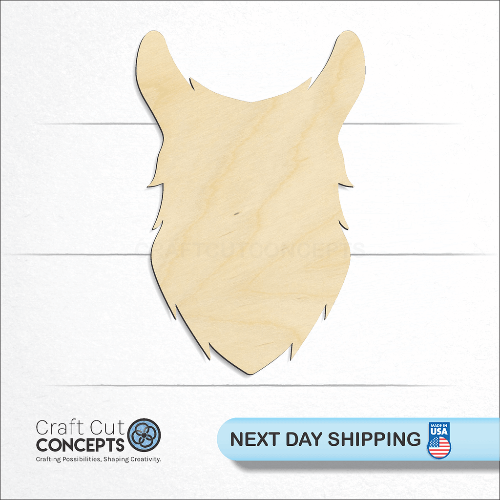 Craft Cut Concepts logo and next day shipping banner with an unfinished wood Alpaca Head Llama craft shape and blank