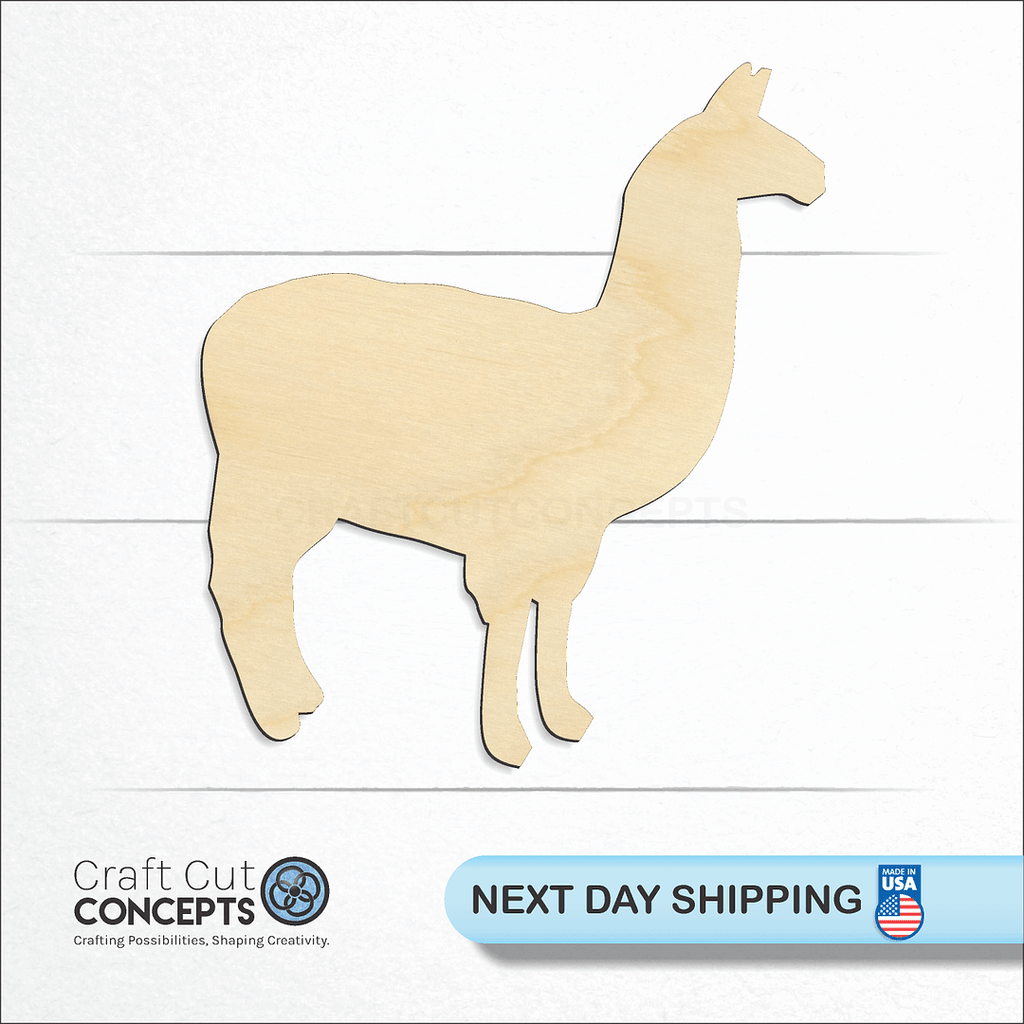 Craft Cut Concepts logo and next day shipping banner with an unfinished wood Llama craft shape and blank