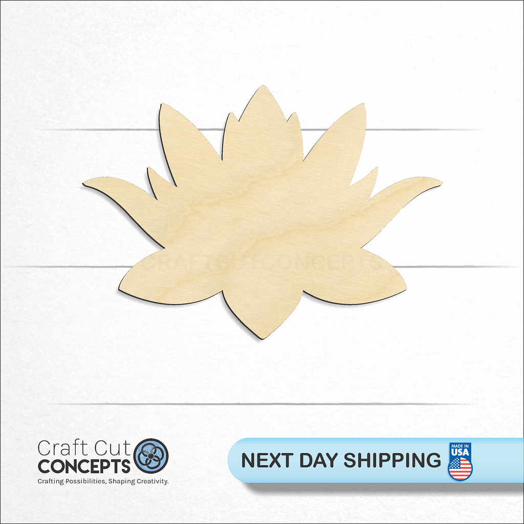 Craft Cut Concepts logo and next day shipping banner with an unfinished wood Lotus Flower craft shape and blank