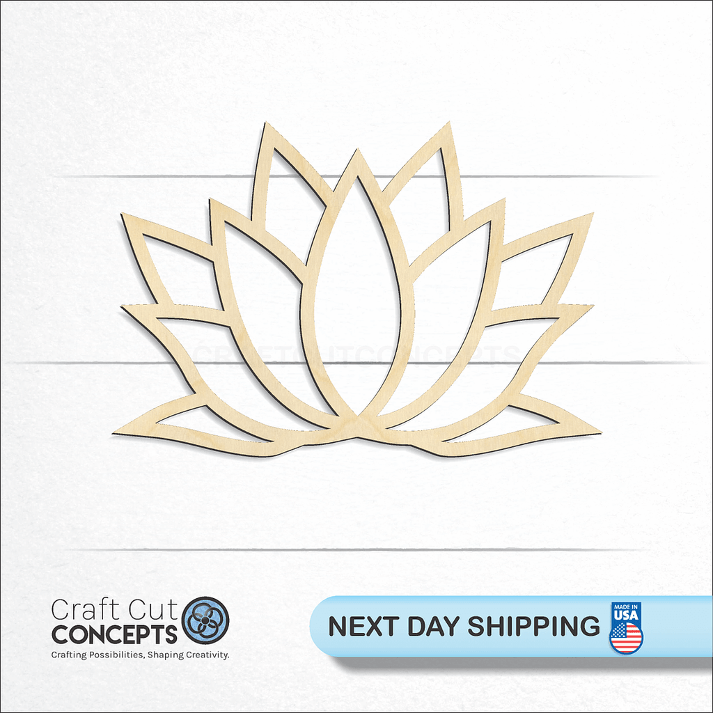 Craft Cut Concepts logo and next day shipping banner with an unfinished wood Lotus Flower craft shape and blank