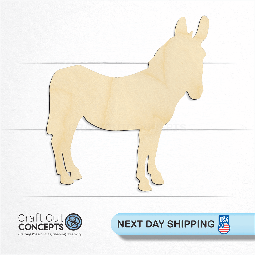 Craft Cut Concepts logo and next day shipping banner with an unfinished wood Mule Donkey craft shape and blank