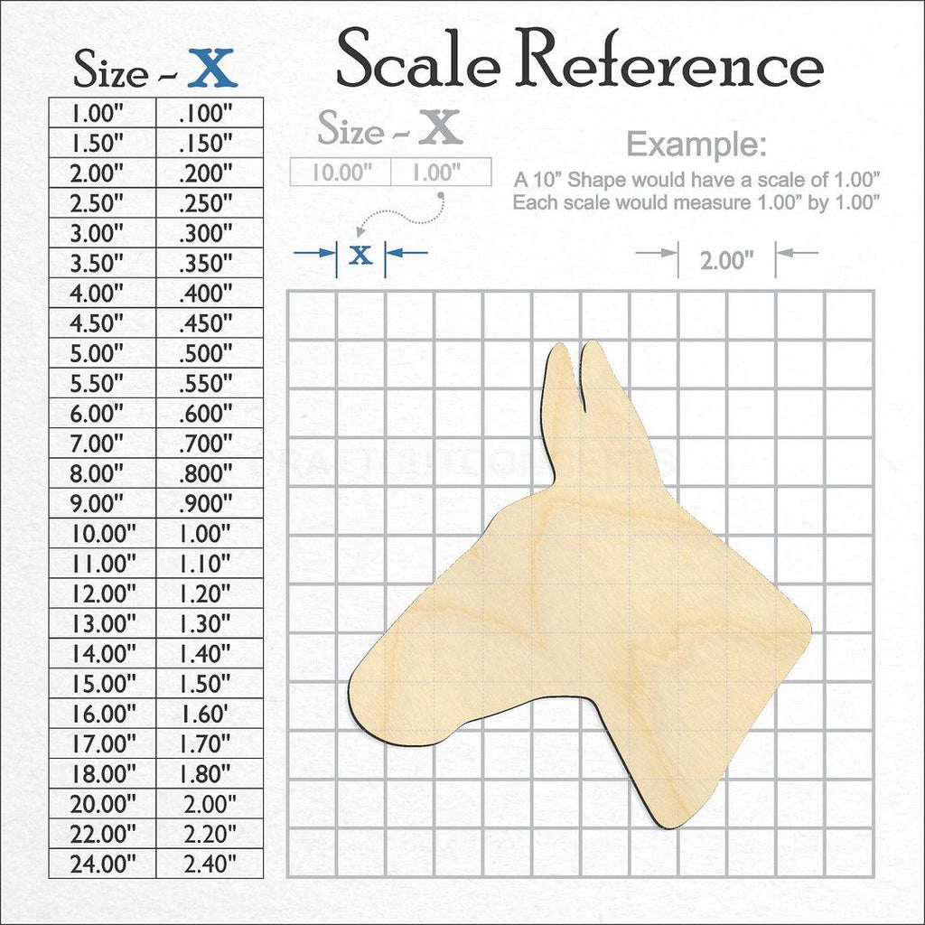 A scale and graph image showing a wood Mule Donkey Head craft blank