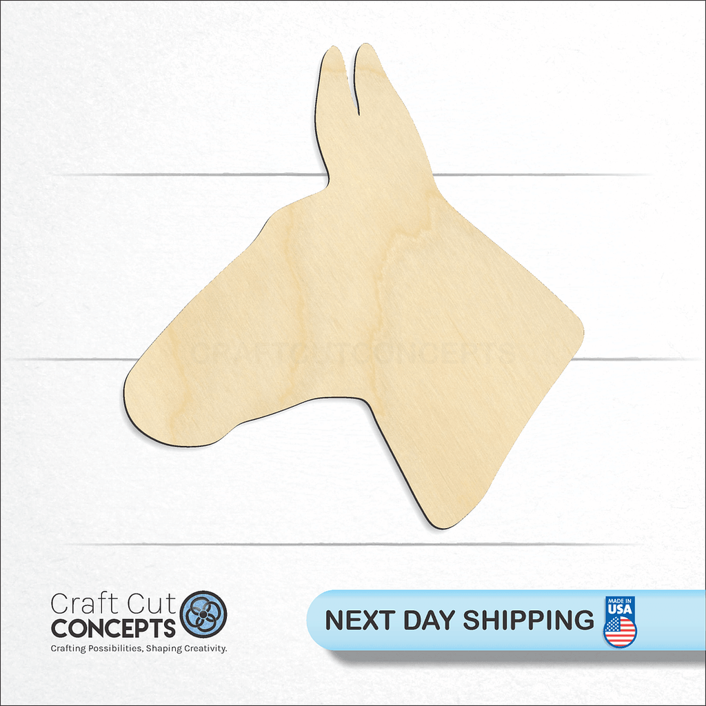 Craft Cut Concepts logo and next day shipping banner with an unfinished wood Mule Donkey Head craft shape and blank