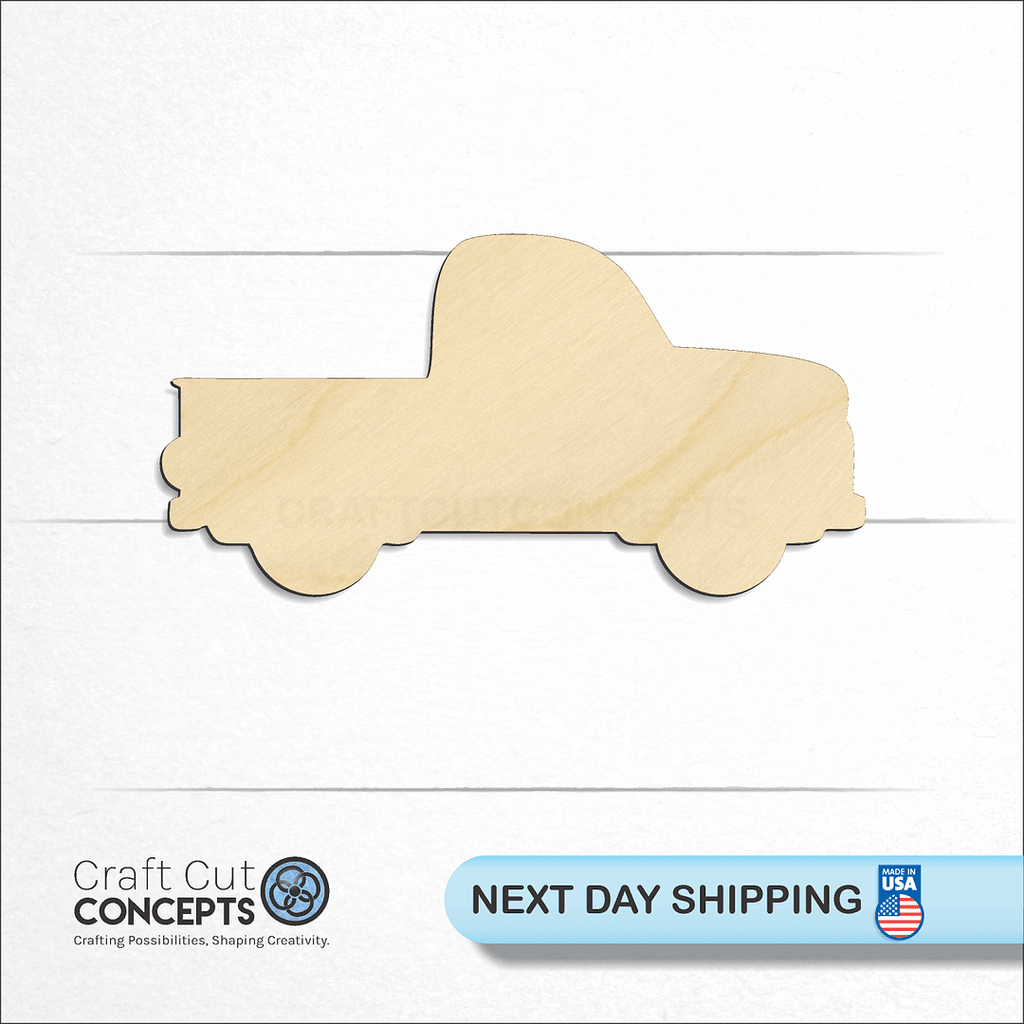 Craft Cut Concepts logo and next day shipping banner with an unfinished wood Vintage Truck craft shape and blank