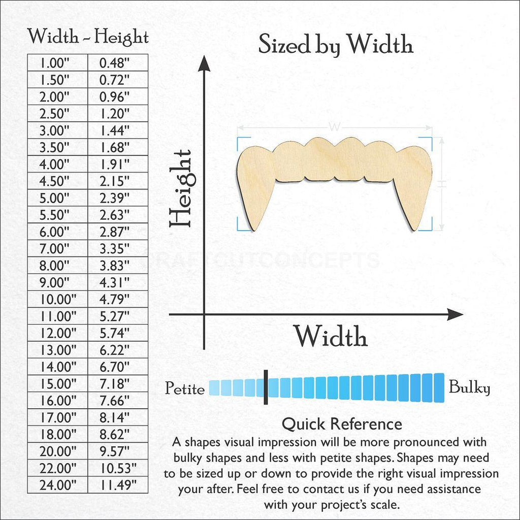 Sizes available for a laser cut Vampire Teeth craft blank