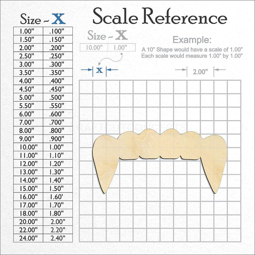 A scale and graph image showing a wood Vampire Teeth craft blank