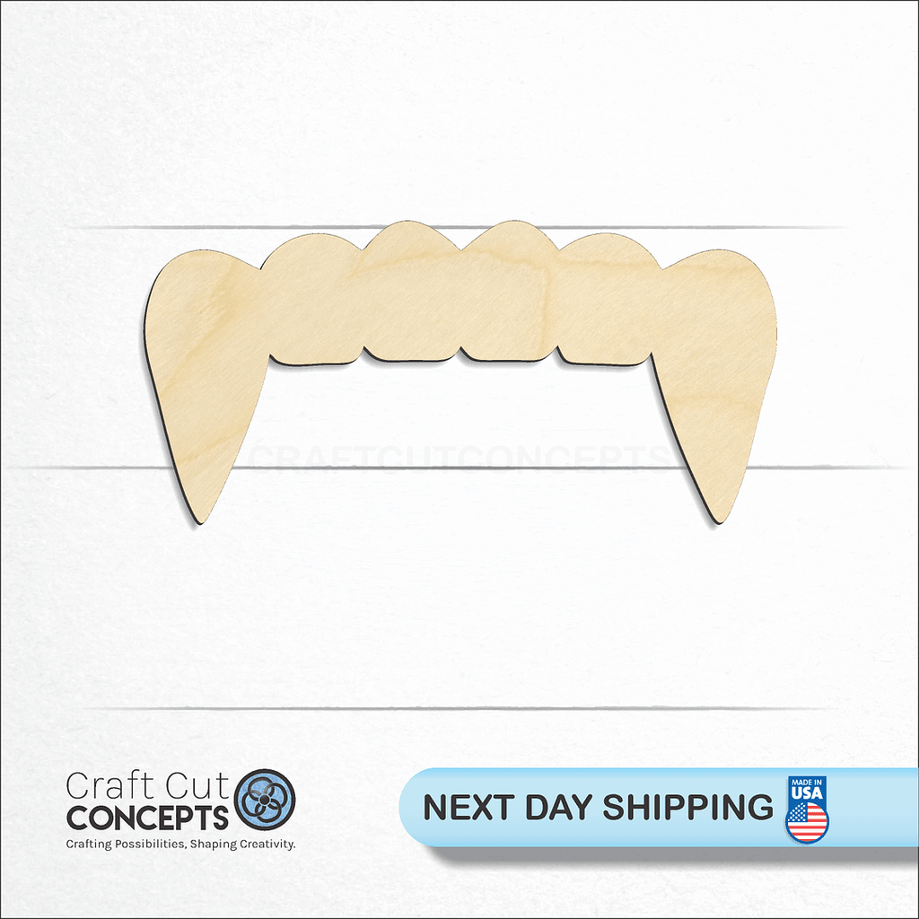 Craft Cut Concepts logo and next day shipping banner with an unfinished wood Vampire Teeth craft shape and blank