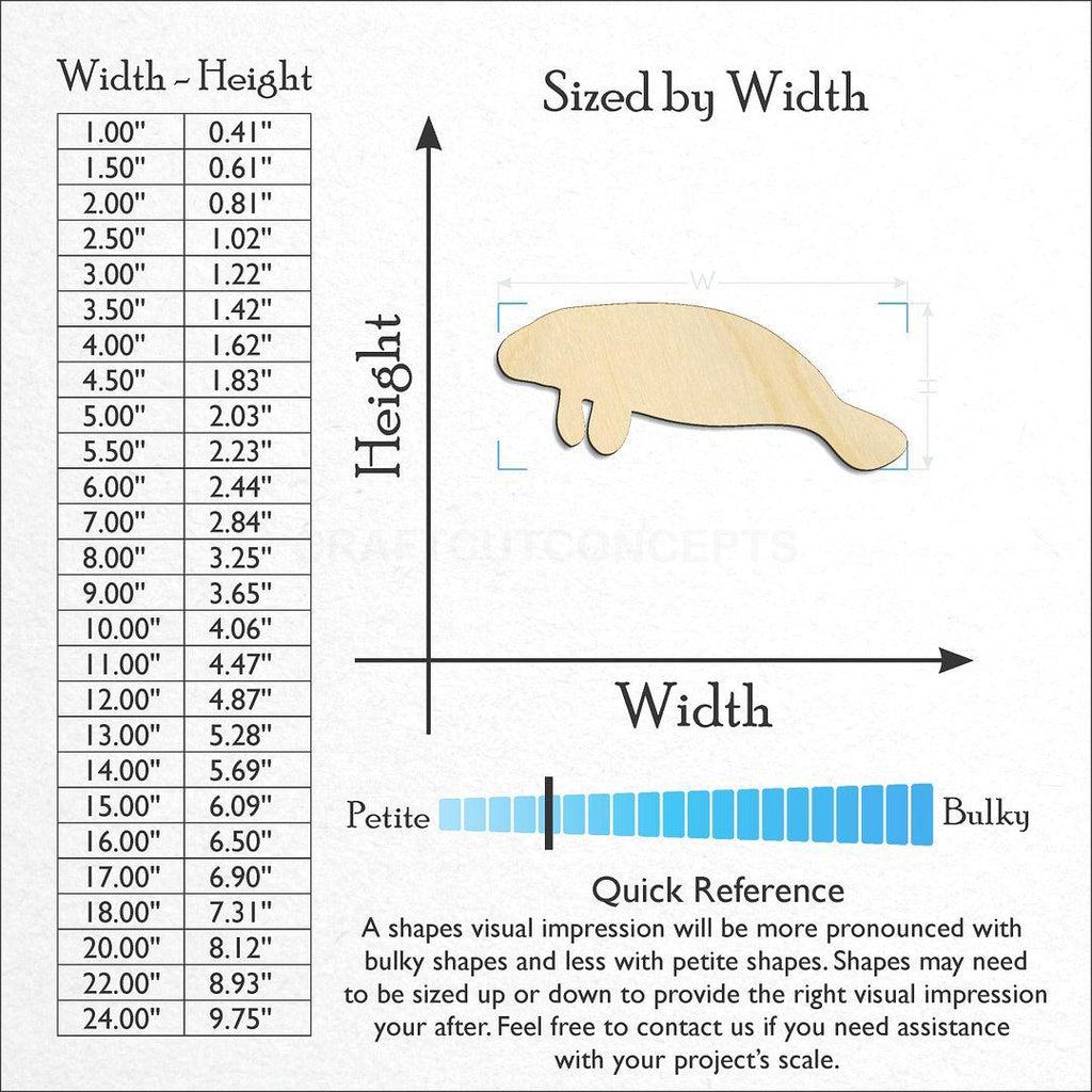 Sizes available for a laser cut Manatee craft blank