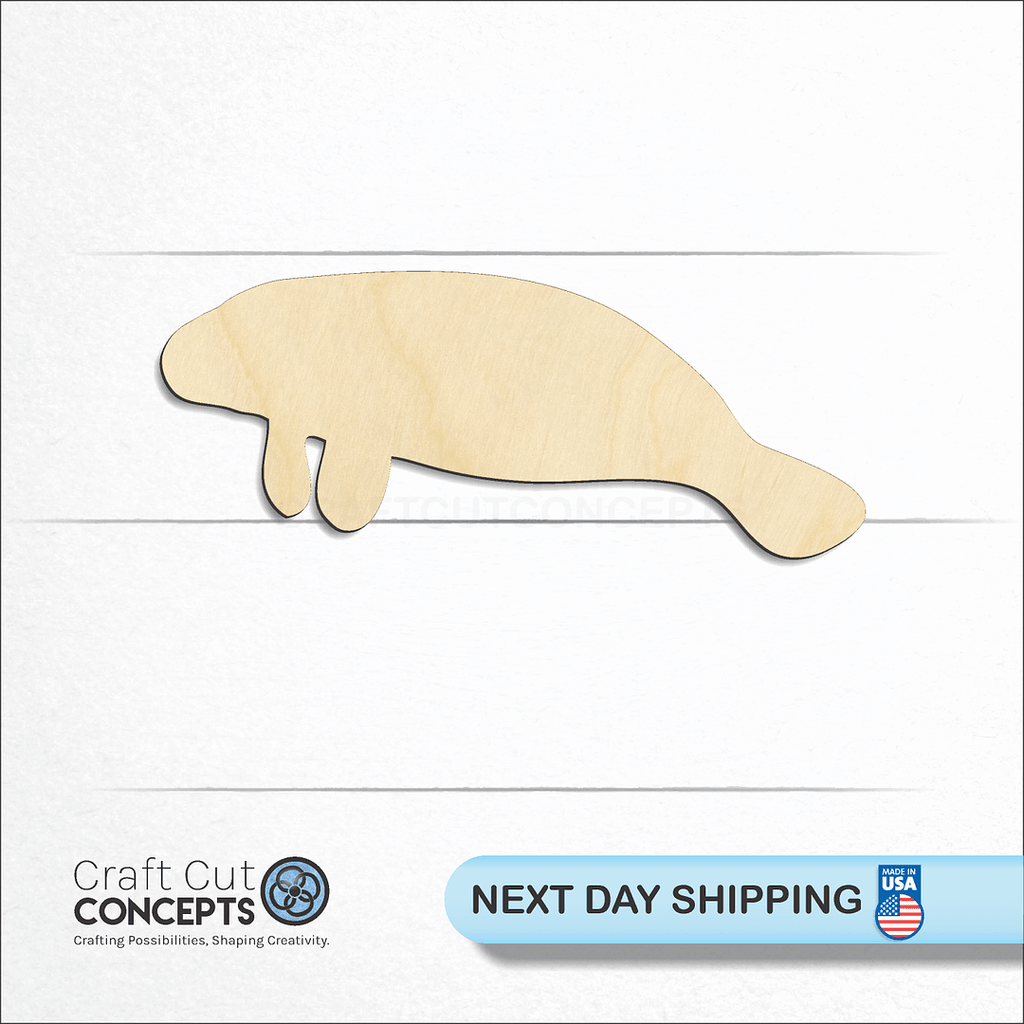 Craft Cut Concepts logo and next day shipping banner with an unfinished wood Manatee craft shape and blank