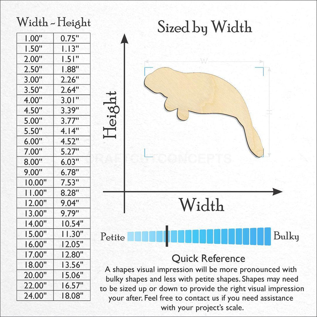 Sizes available for a laser cut Manatee Calve craft blank