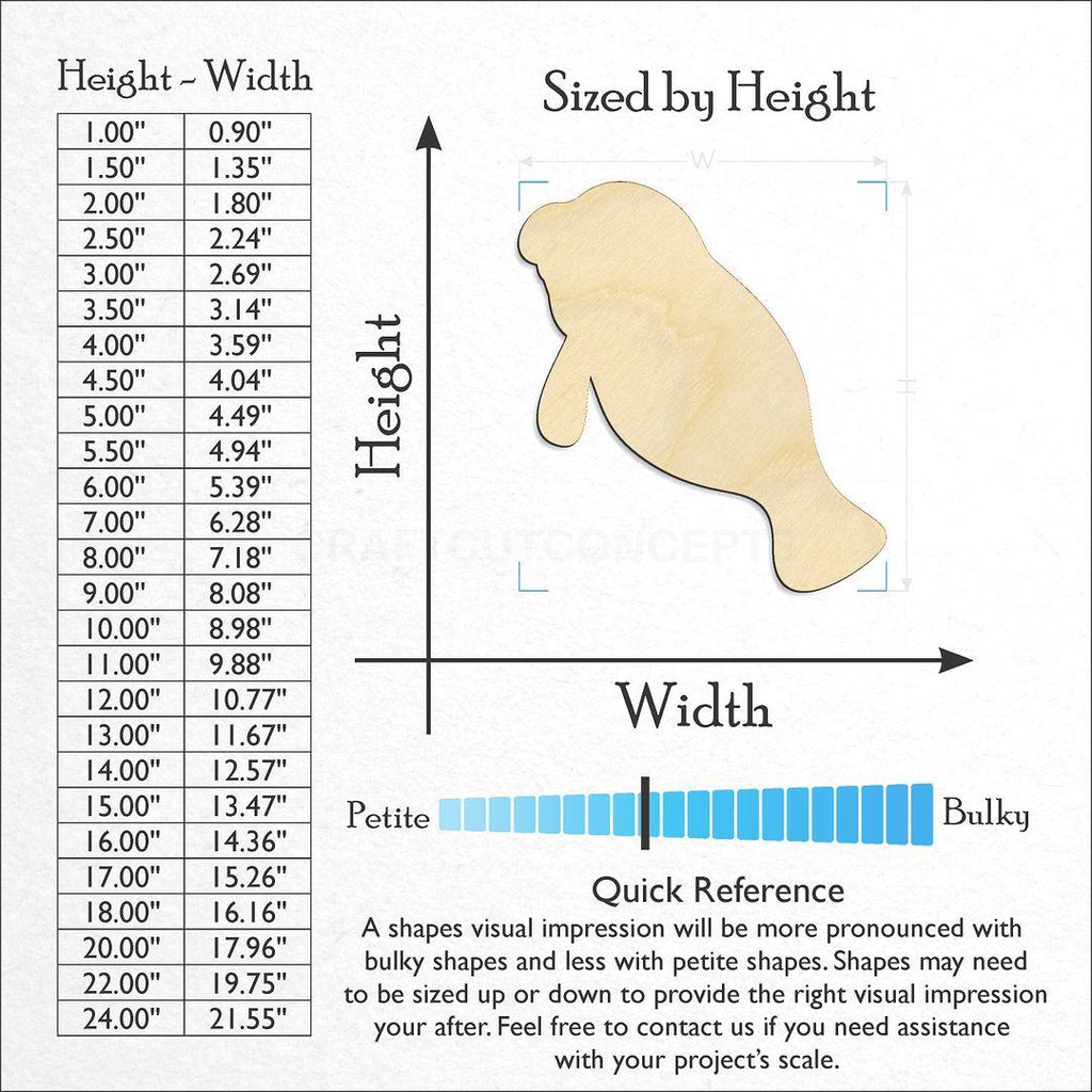 Sizes available for a laser cut Manatee craft blank