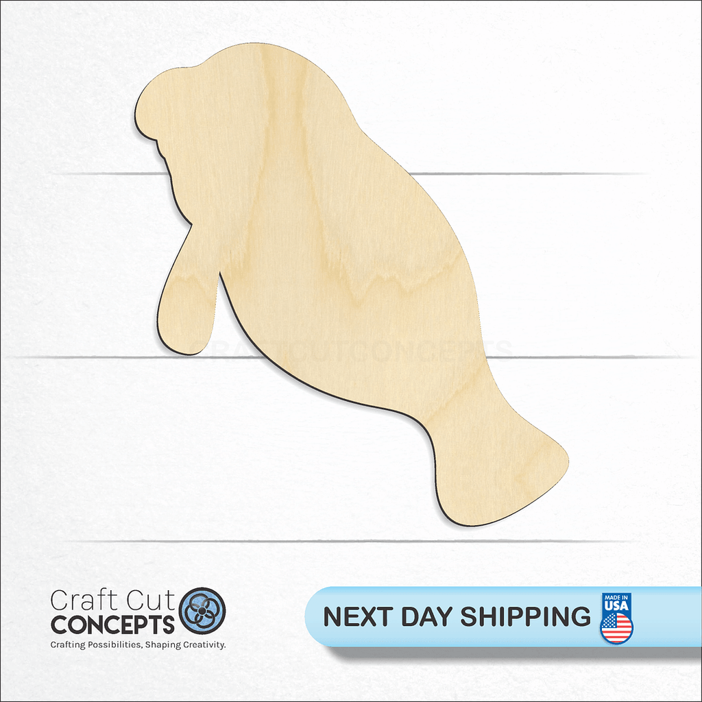 Craft Cut Concepts logo and next day shipping banner with an unfinished wood Manatee craft shape and blank