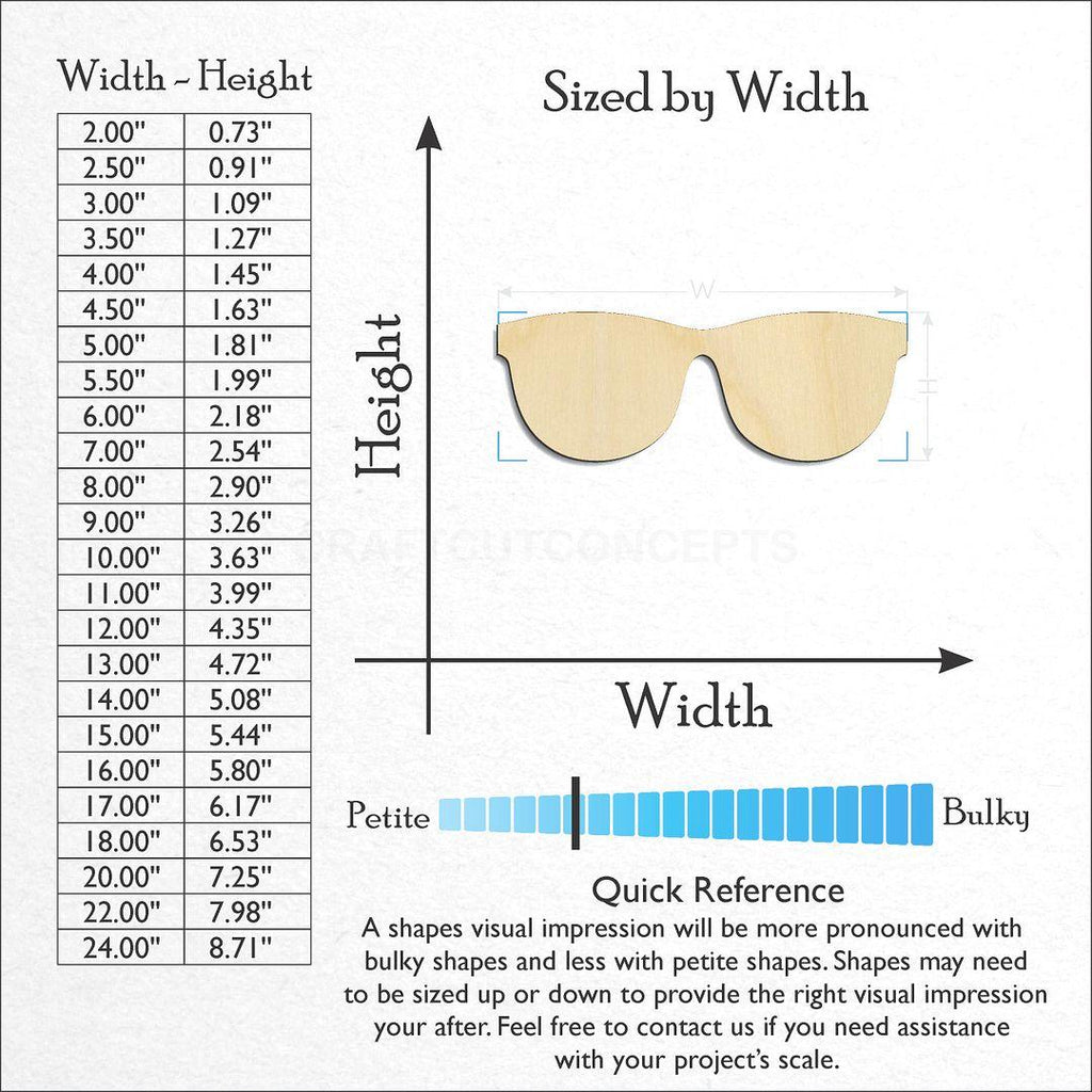 Sizes available for a laser cut Sun Glasses craft blank