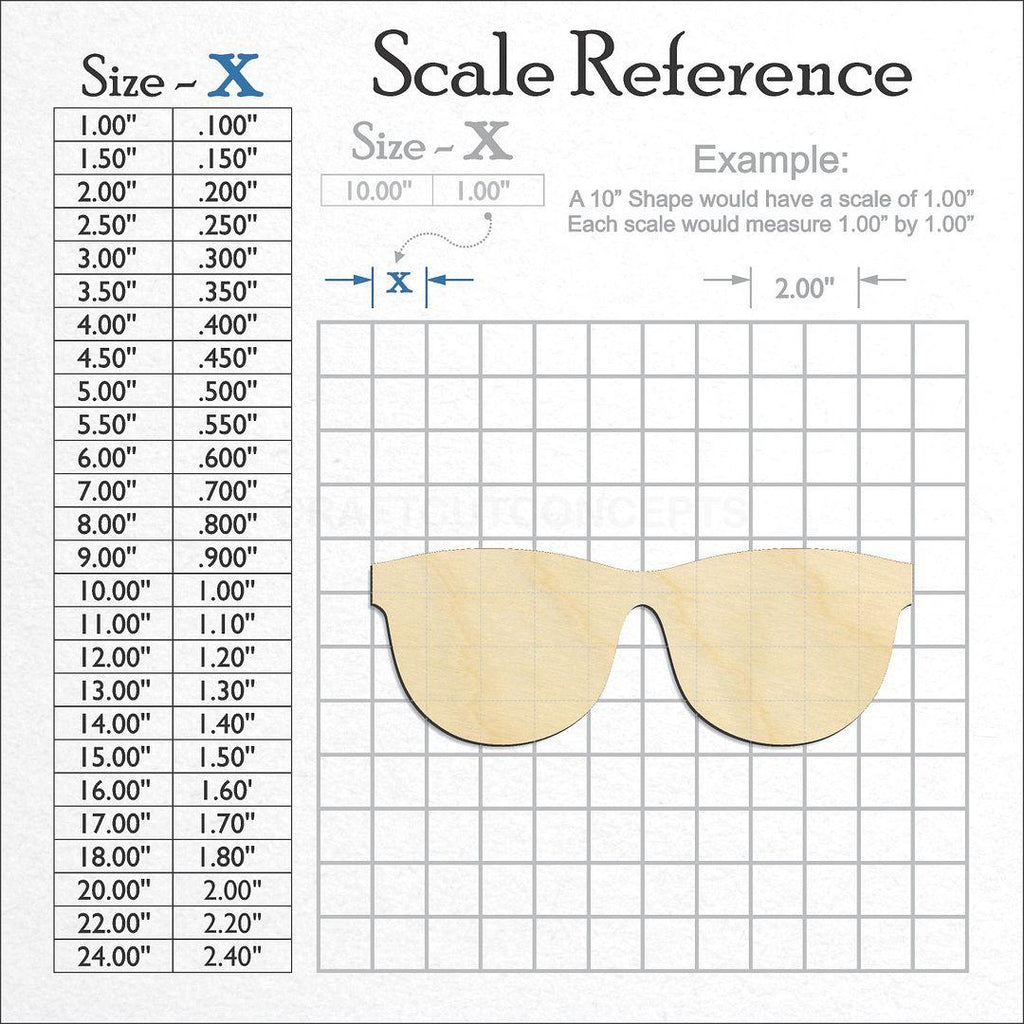 A scale and graph image showing a wood Sun Glasses craft blank