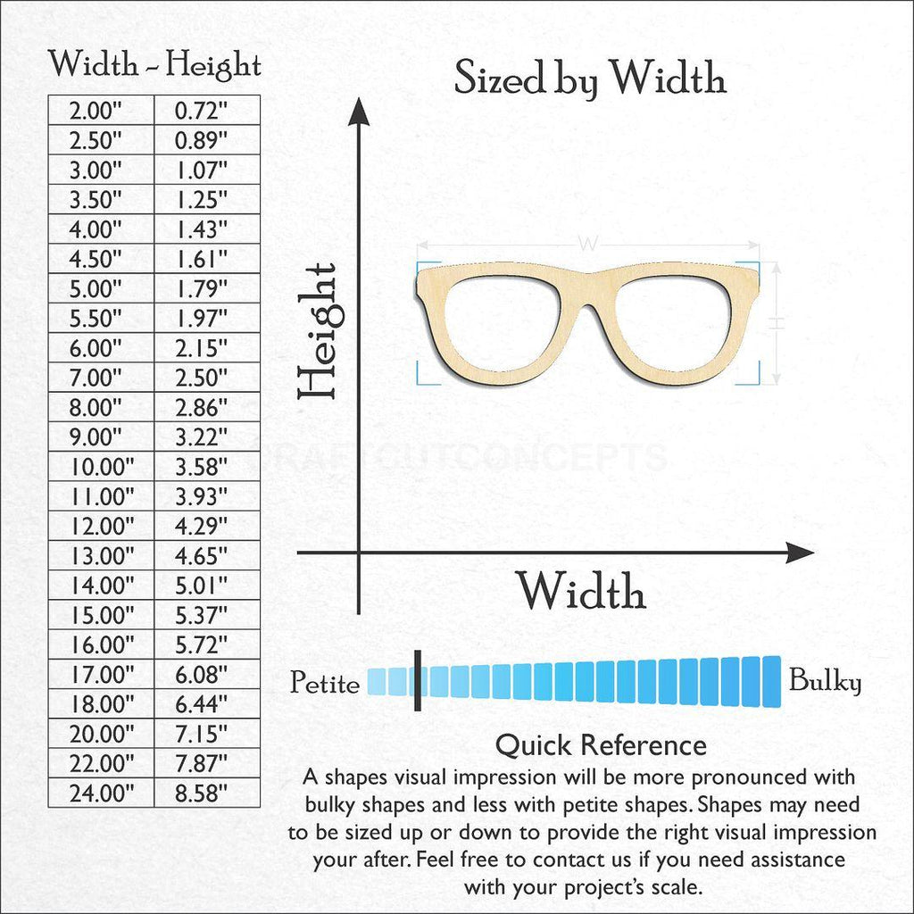 Sizes available for a laser cut Glasses craft blank