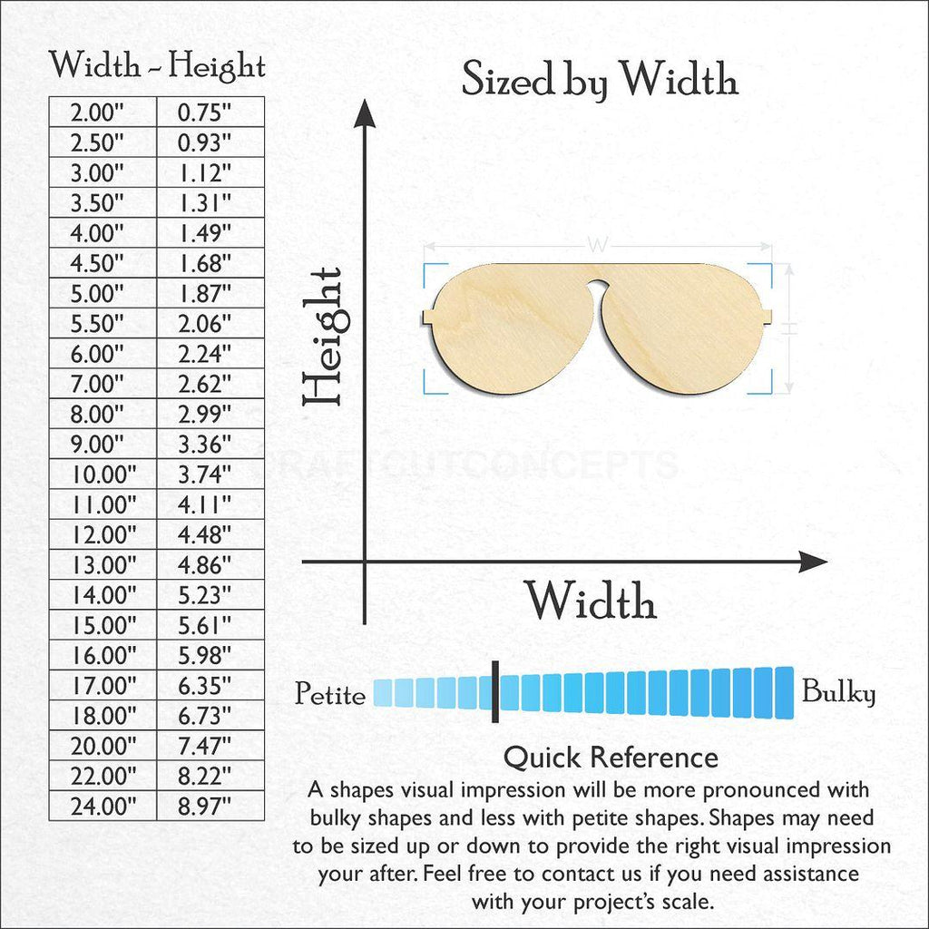 Sizes available for a laser cut Aviator Glasses craft blank