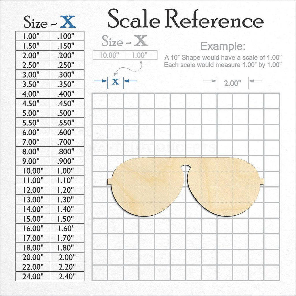 A scale and graph image showing a wood Aviator Glasses craft blank