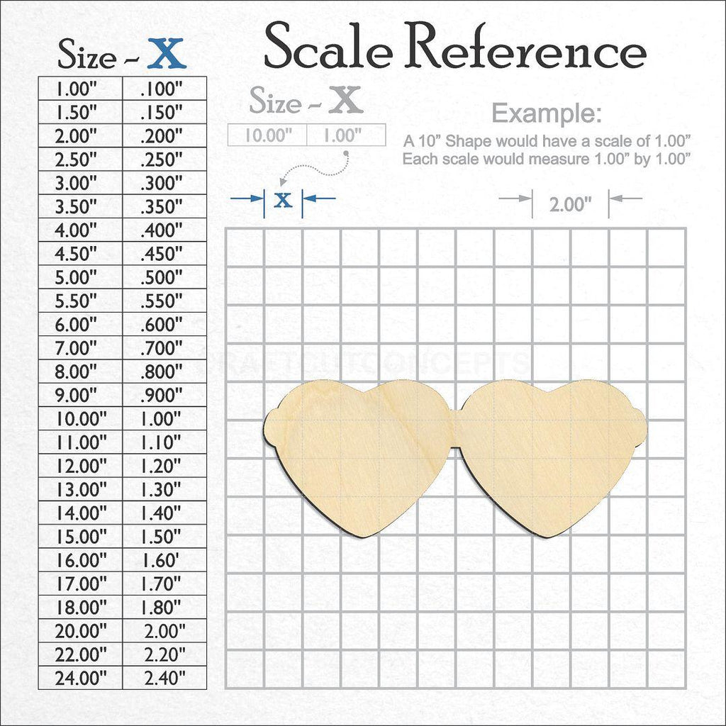 A scale and graph image showing a wood Heart Glasses craft blank