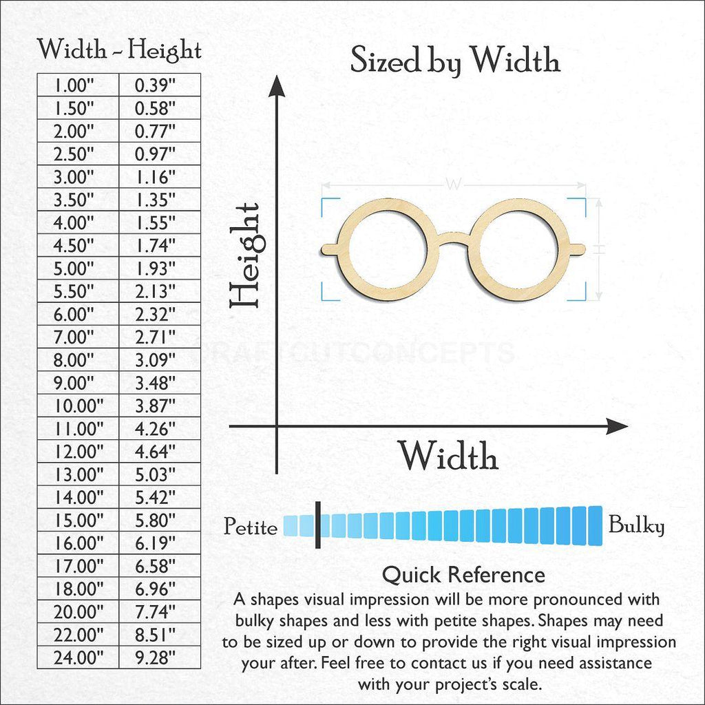 Sizes available for a laser cut Glasses craft blank