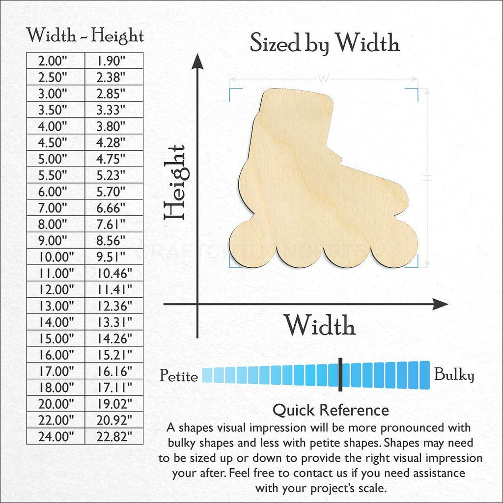 Sizes available for a laser cut Roller Blades craft blank