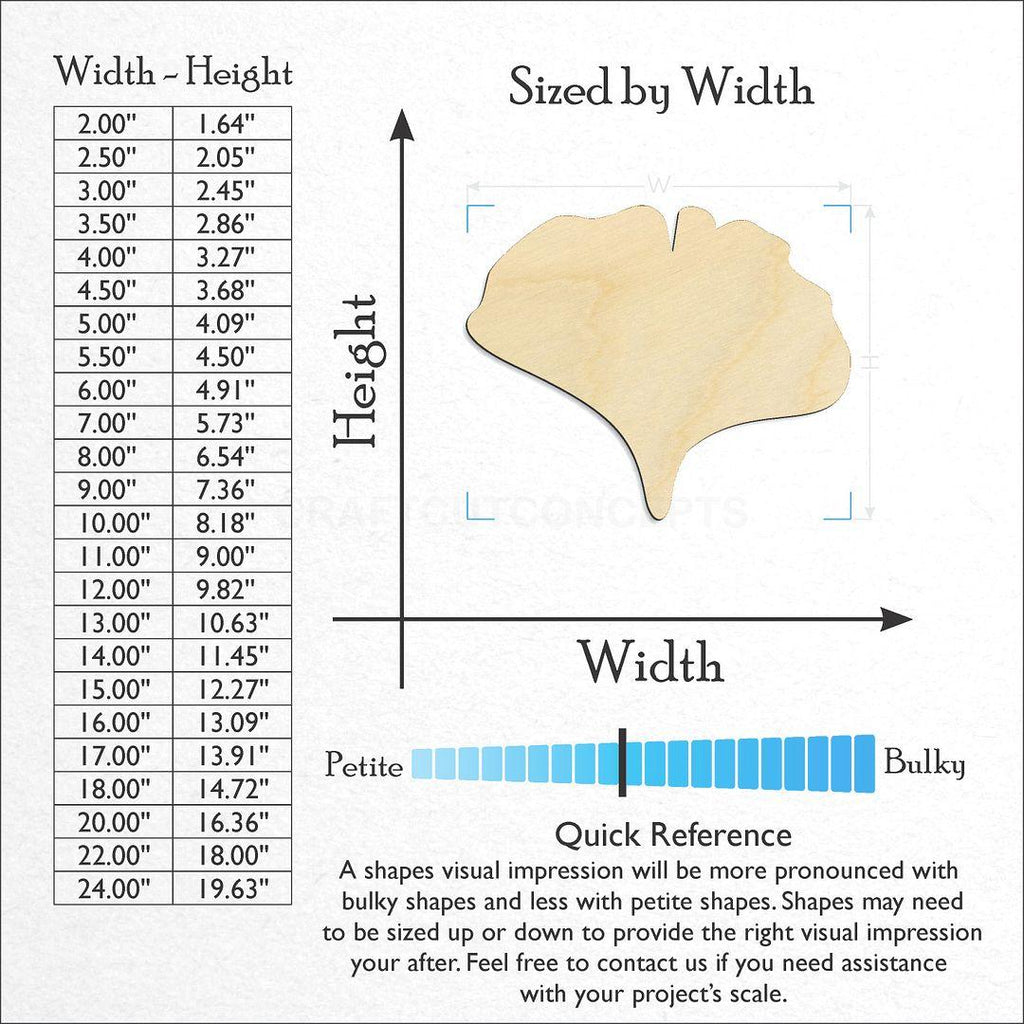 Sizes available for a laser cut Gingko Leaf craft blank