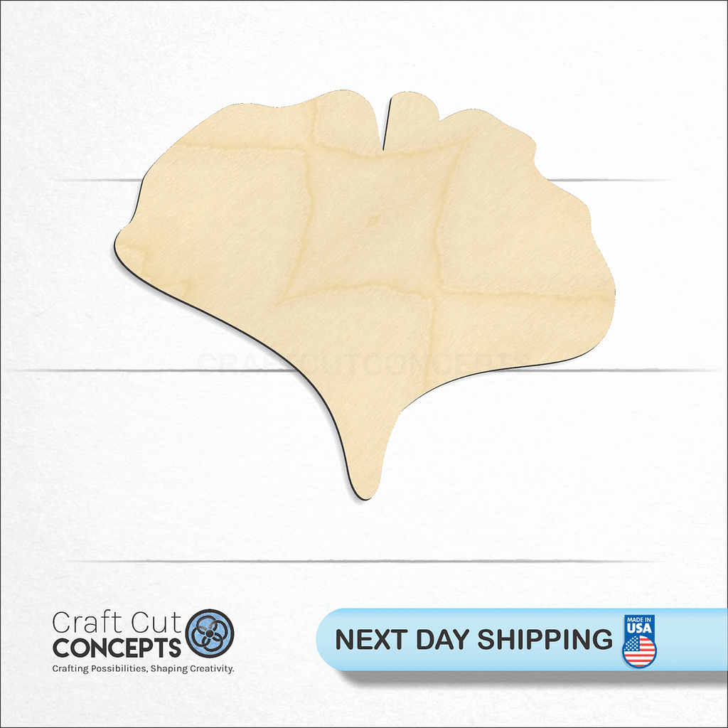 Craft Cut Concepts logo and next day shipping banner with an unfinished wood Gingko Leaf craft shape and blank