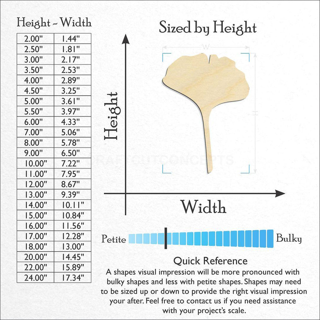 Sizes available for a laser cut Gingko Leaf craft blank