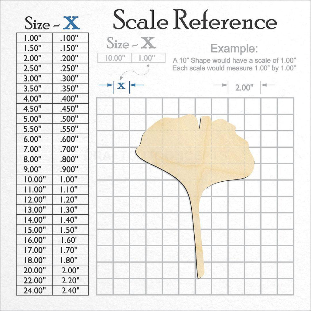 A scale and graph image showing a wood Gingko Leaf craft blank