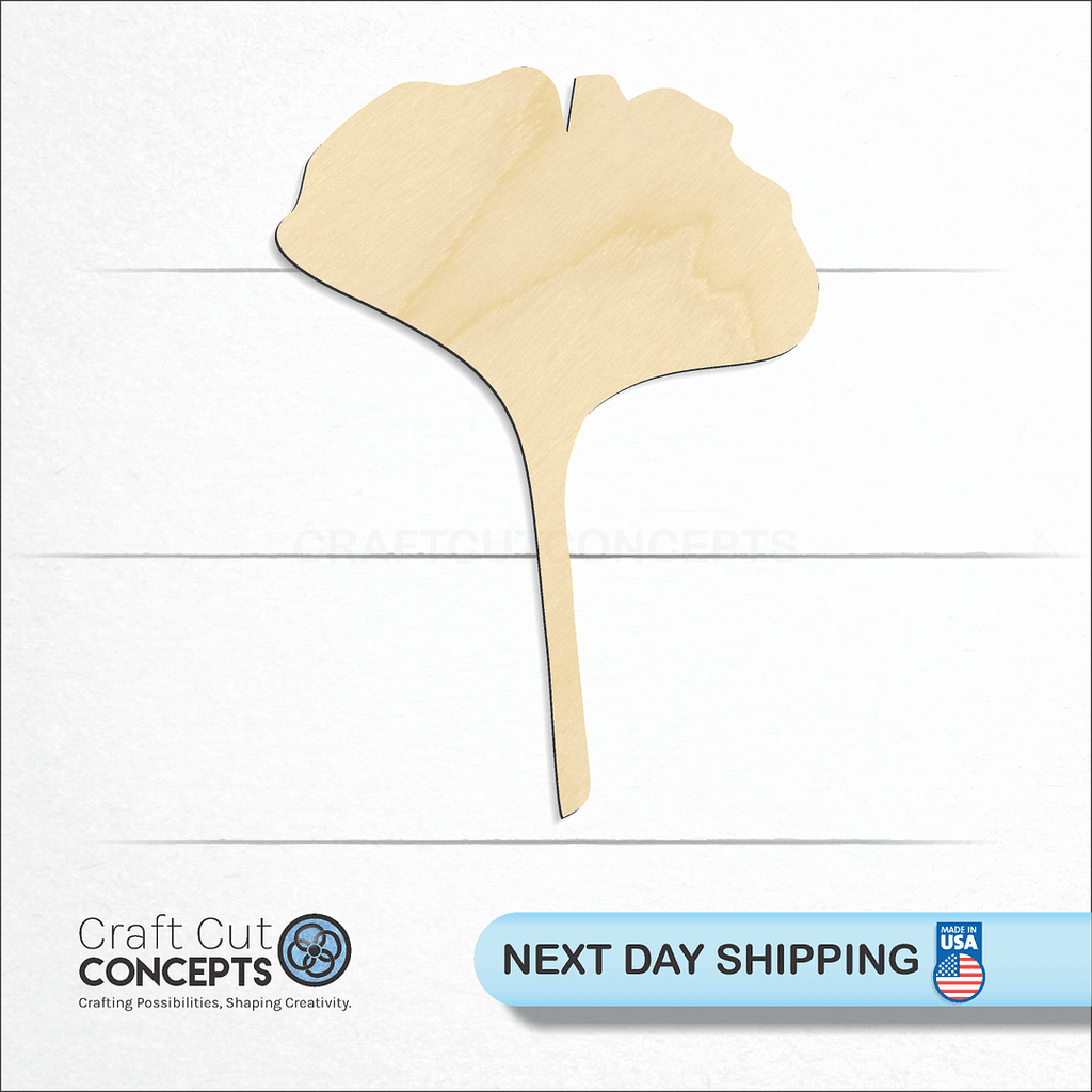 Craft Cut Concepts logo and next day shipping banner with an unfinished wood Gingko Leaf craft shape and blank