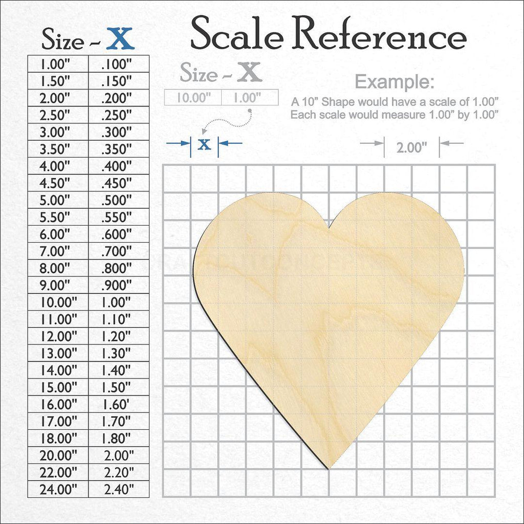 A scale and graph image showing a wood Cards - Heart craft blank