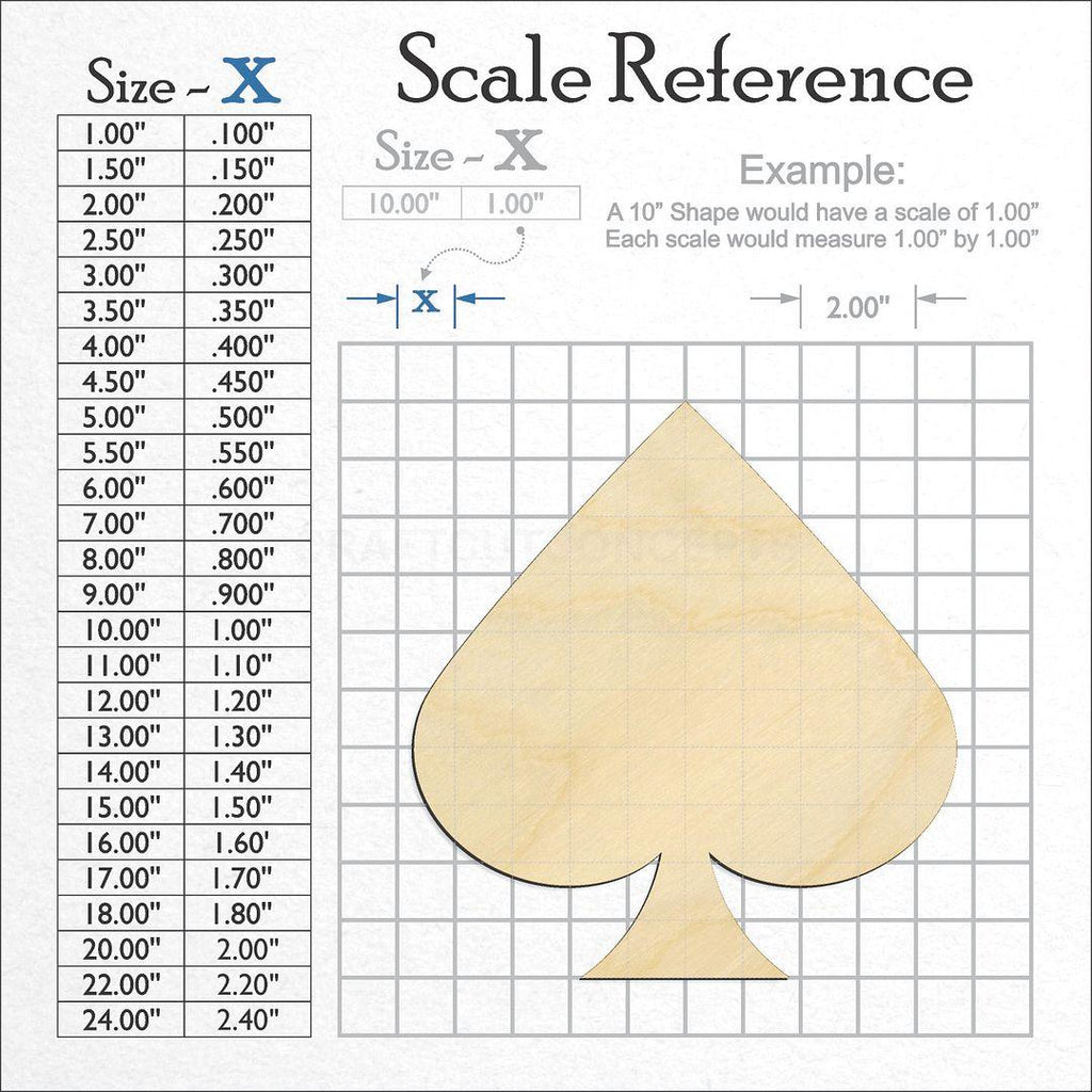 A scale and graph image showing a wood Cards - Spade craft blank