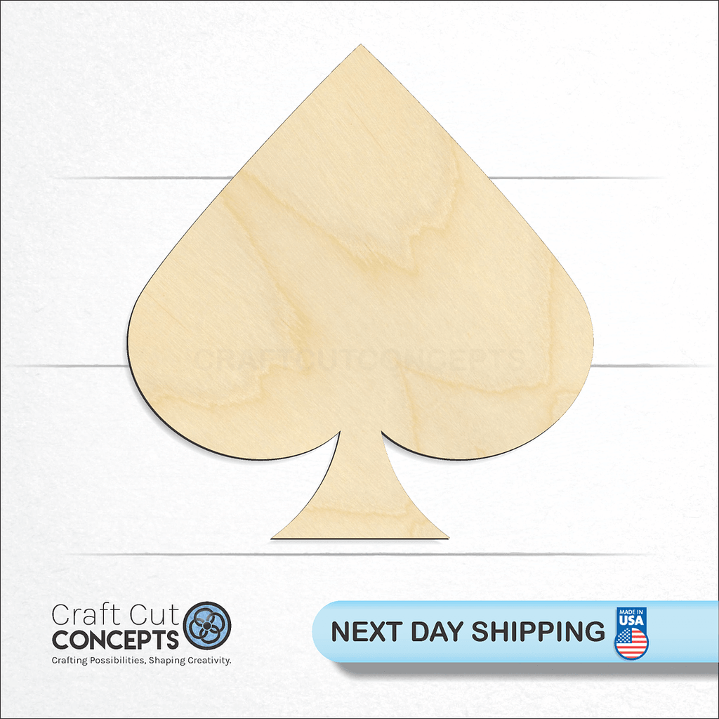 Craft Cut Concepts logo and next day shipping banner with an unfinished wood Cards - Spade craft shape and blank