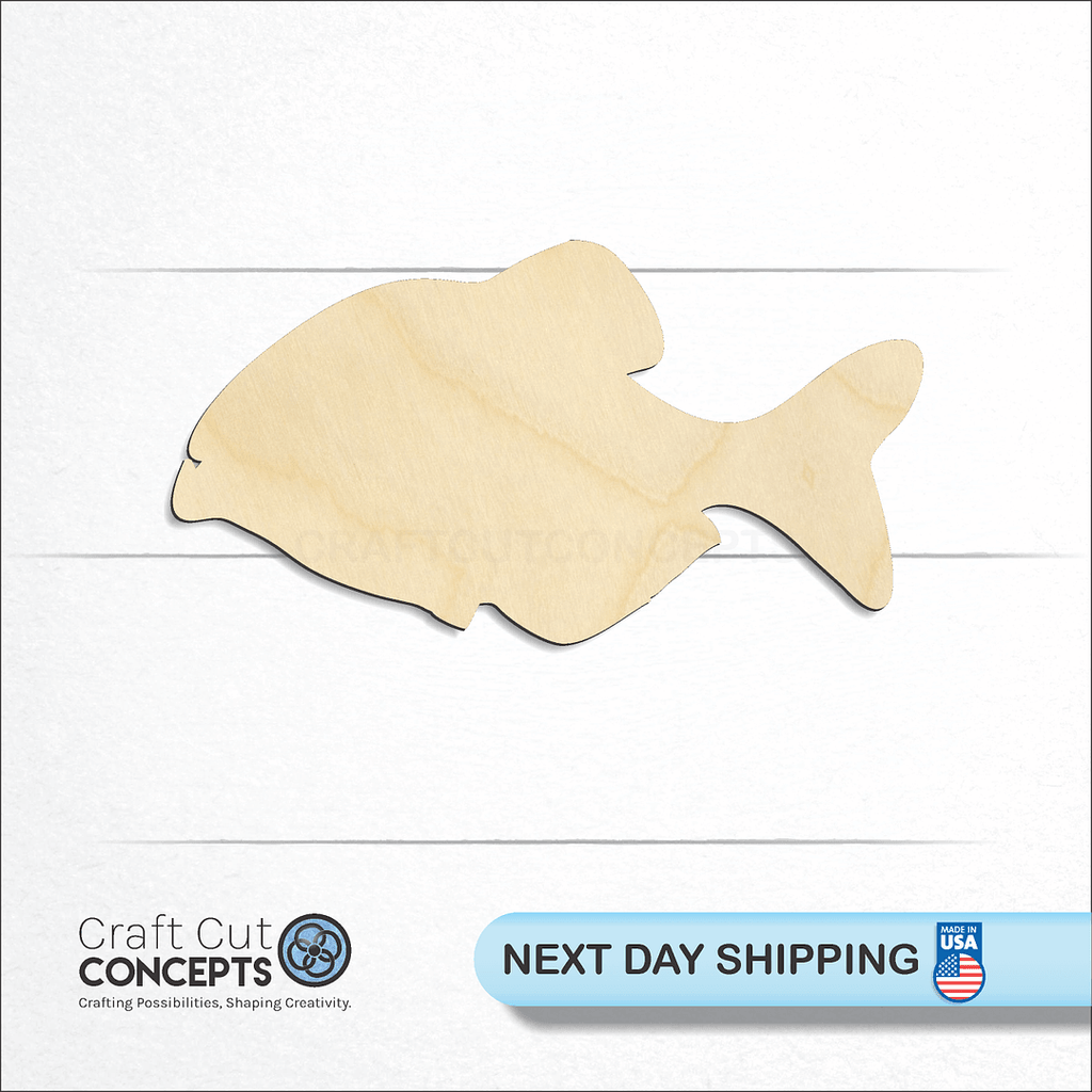 Craft Cut Concepts logo and next day shipping banner with an unfinished wood Piranha craft shape and blank