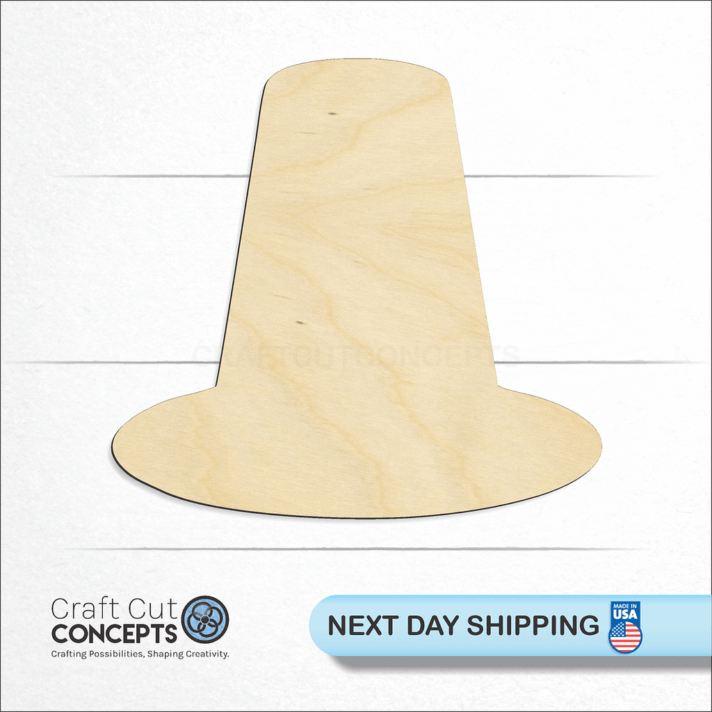 Craft Cut Concepts logo and next day shipping banner with an unfinished wood Pilgram Hat craft shape and blank