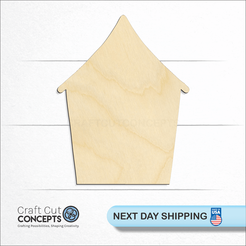 Craft Cut Concepts logo and next day shipping banner with an unfinished wood House craft shape and blank