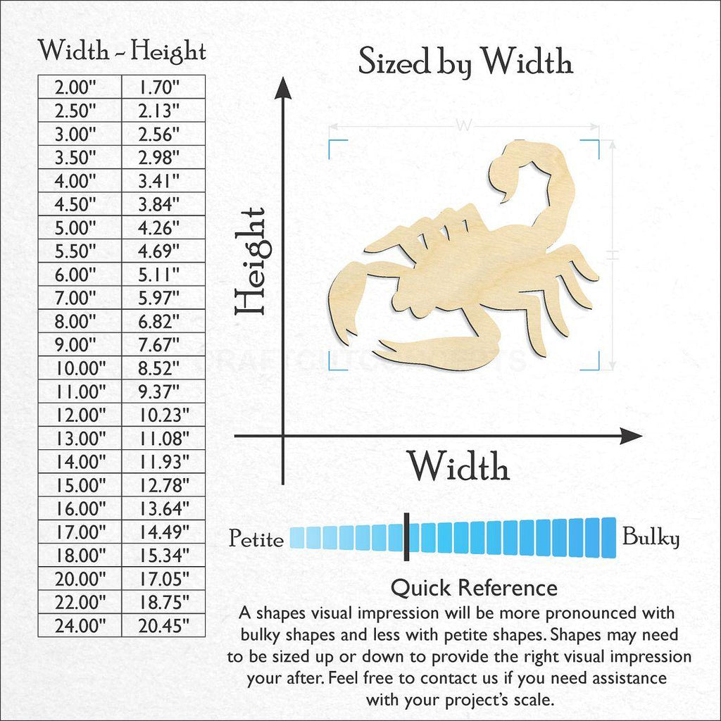Sizes available for a laser cut Scorpion craft blank